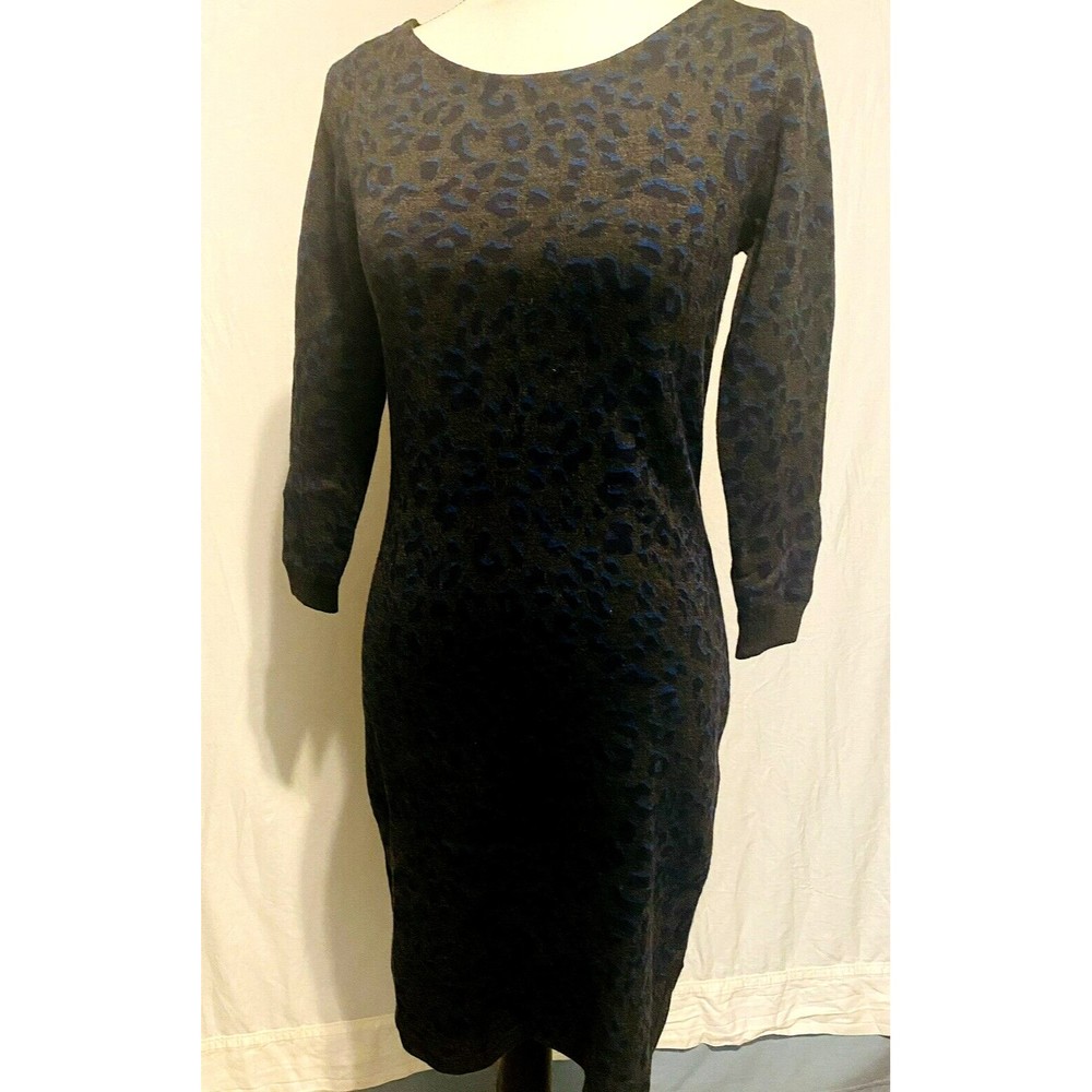 Ann Taylor Loft Cheetah Print Sweater Dress XS Blue Green Charcoal Tulip Hem